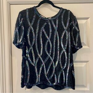 Vintage Black Sequin Beaded Short-Sleeve Evening Top PL